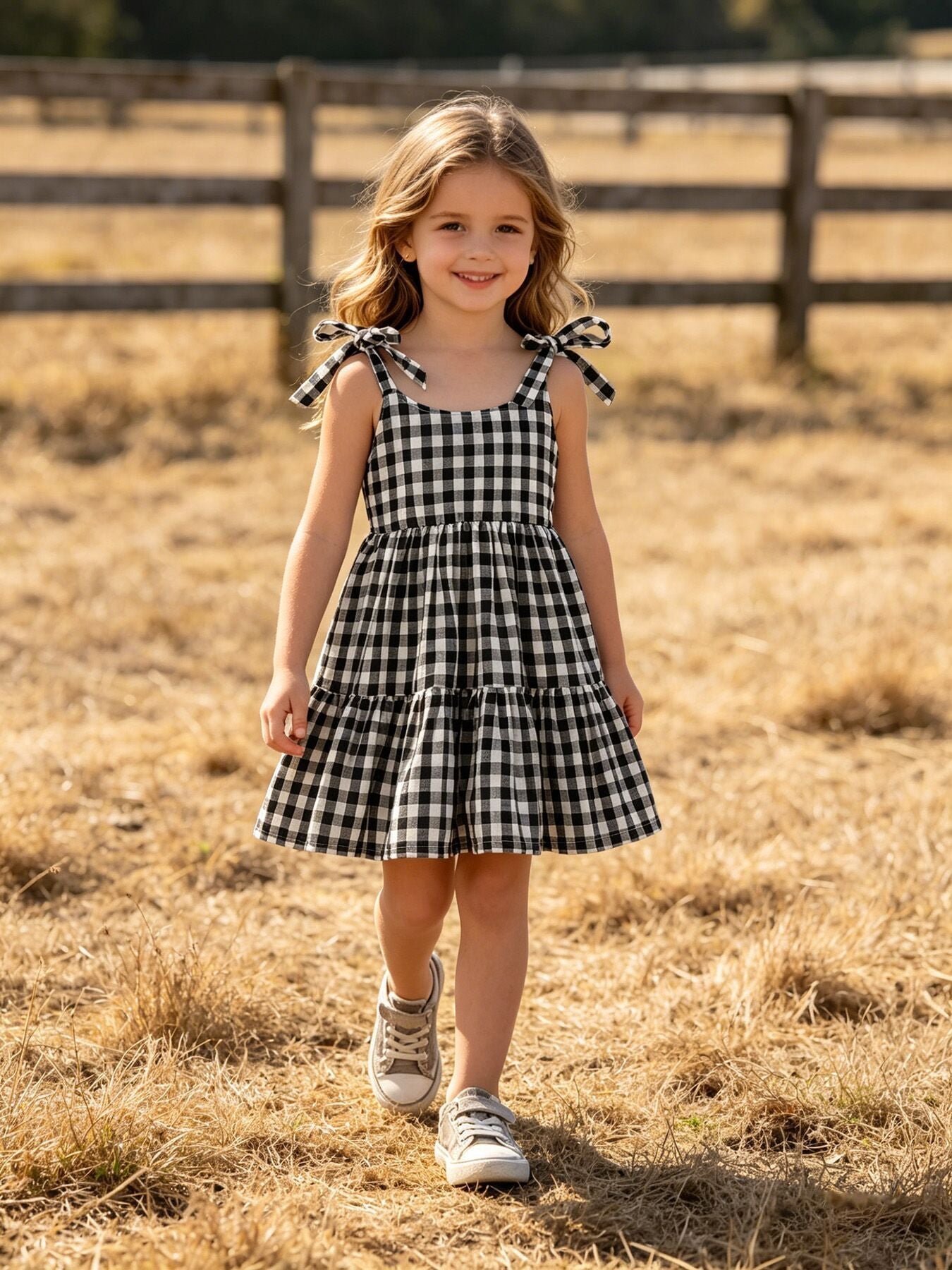 Mommy & Me Plaid Girls’ Ruffle Dress (Black & White)