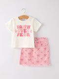 Faith Over Fear T-shirt + Pink Bow Printed Denim Skirt
