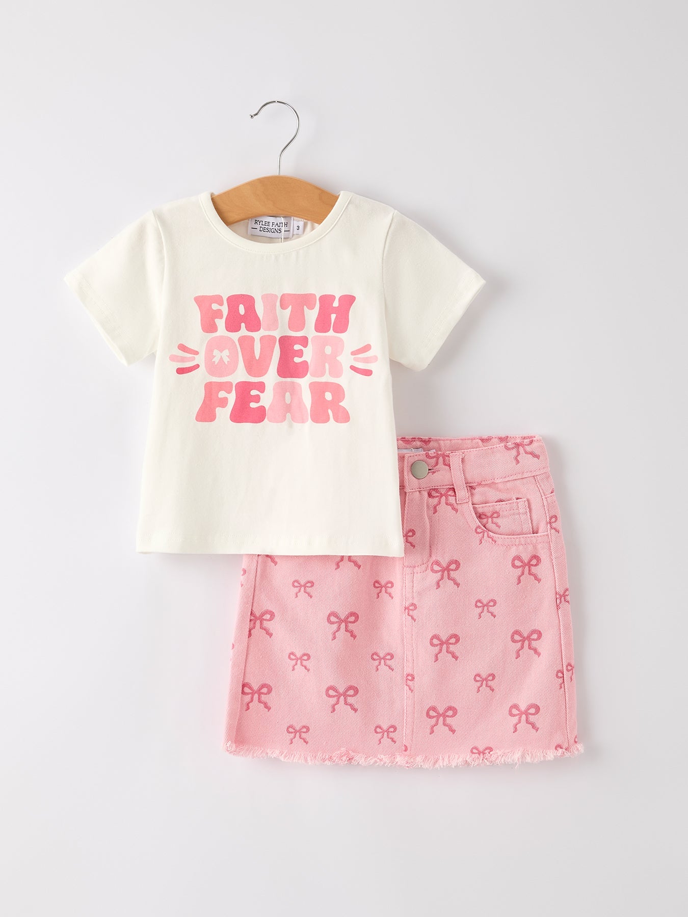 Faith Over Fear T-shirt + Pink Bow Printed Denim Skirt