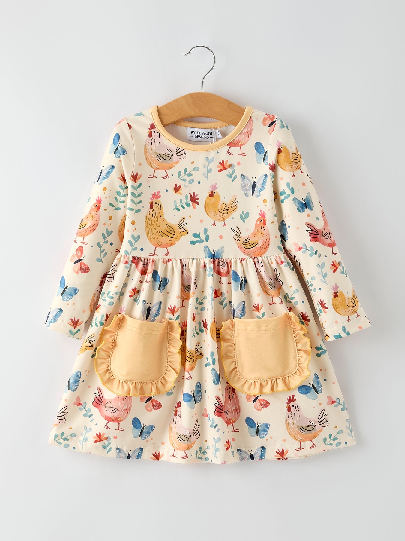 Elise - Chicken & Butterfly Print Girls Dress // Ruffled Pockets