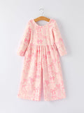 Brielle - Girl's Pink Bow Print Long Sleeve Jumpsuit