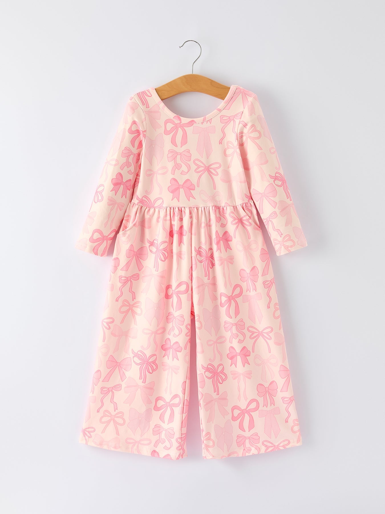 Brielle - Girl's Pink Bow Print Long Sleeve Jumpsuit