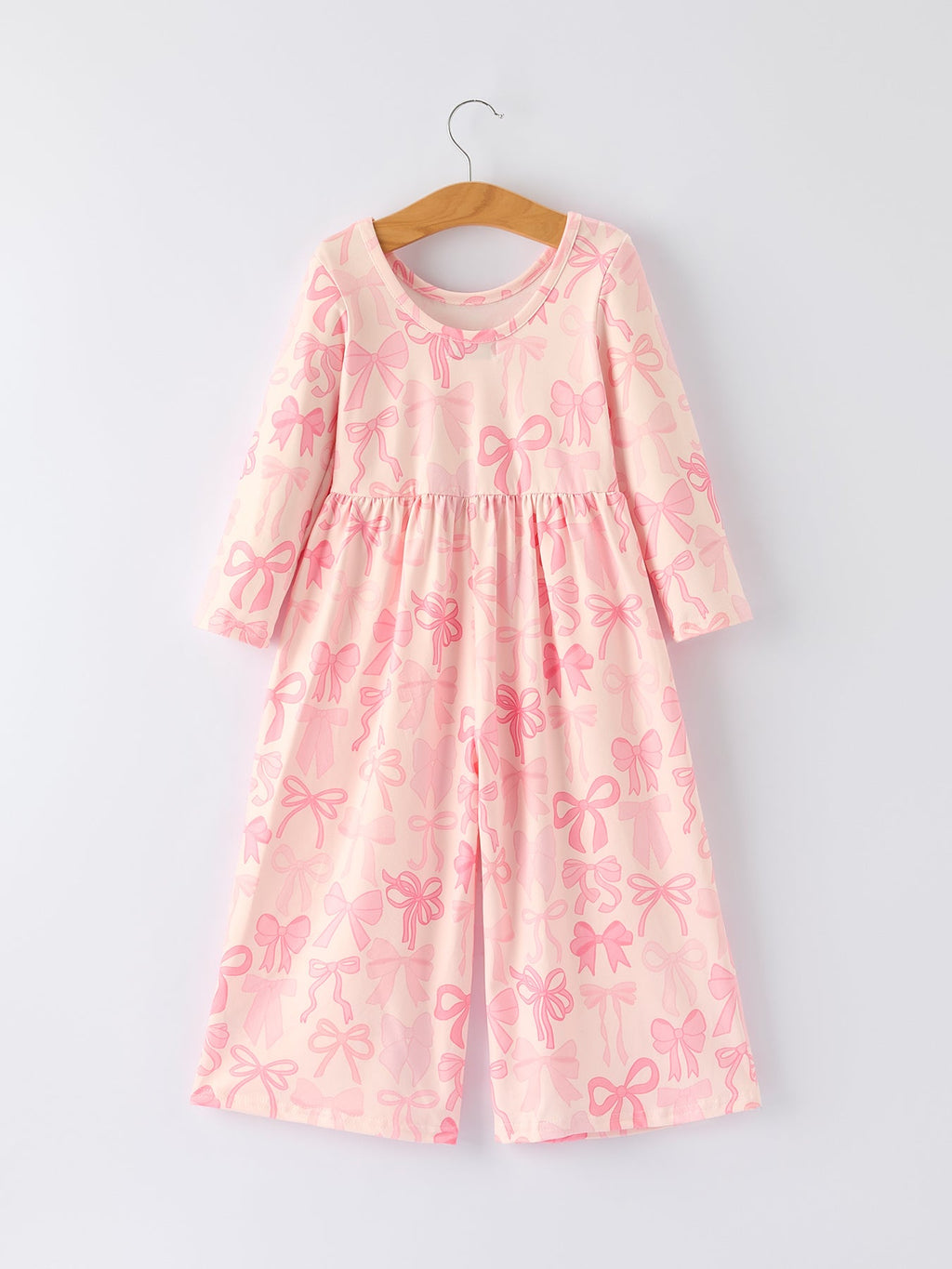 Brielle - Girl's Pink Bow Print Long Sleeve Jumpsuit