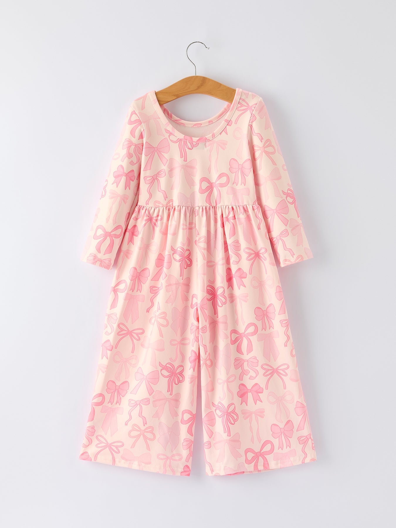 Brielle - Girl's Pink Bow Print Long Sleeve Jumpsuit