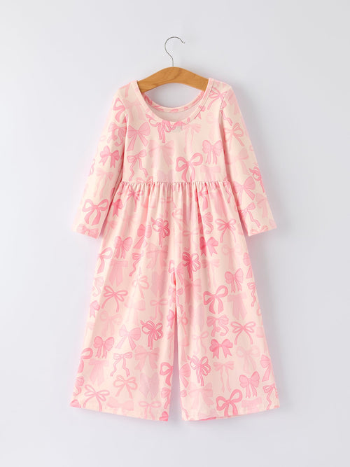 Brielle - Girl's Pink Bow Print Long Sleeve Jumpsuit