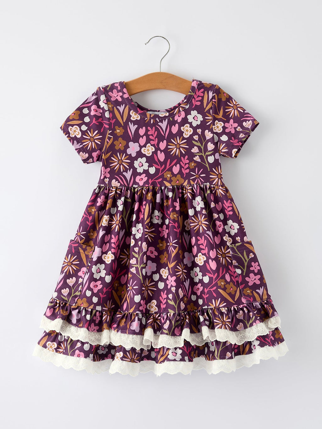 Elizabeth - Retro Floral Print Short Sleeve Girls Dress with Pockets