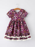Elizabeth - Retro Floral Print Short Sleeve Girls Dress with Pockets