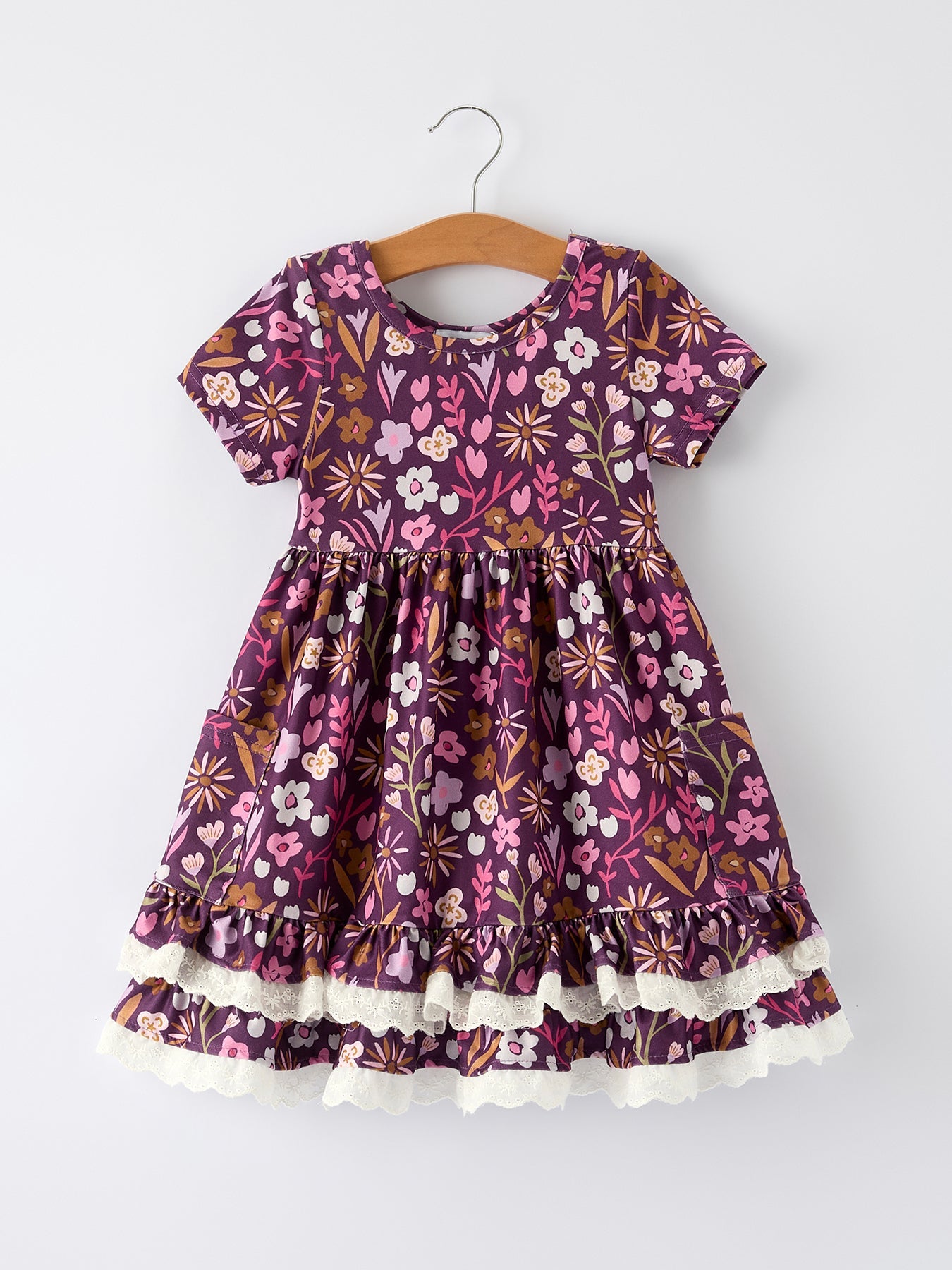 Elizabeth - Retro Floral Print Short Sleeve Girls Dress with Pockets