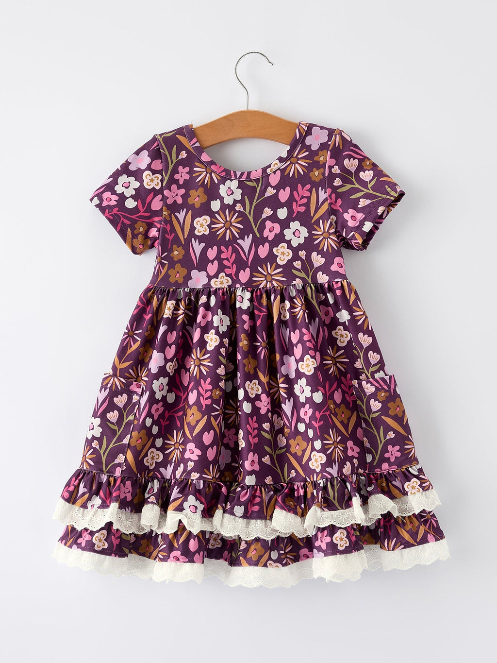Elizabeth - Retro Floral Print Short Sleeve Girls Dress with Pockets