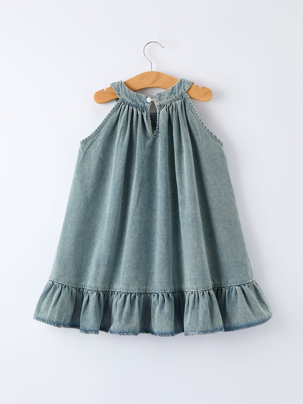 Tia - Girl's Denim Ruffle Trim A-Line Dress