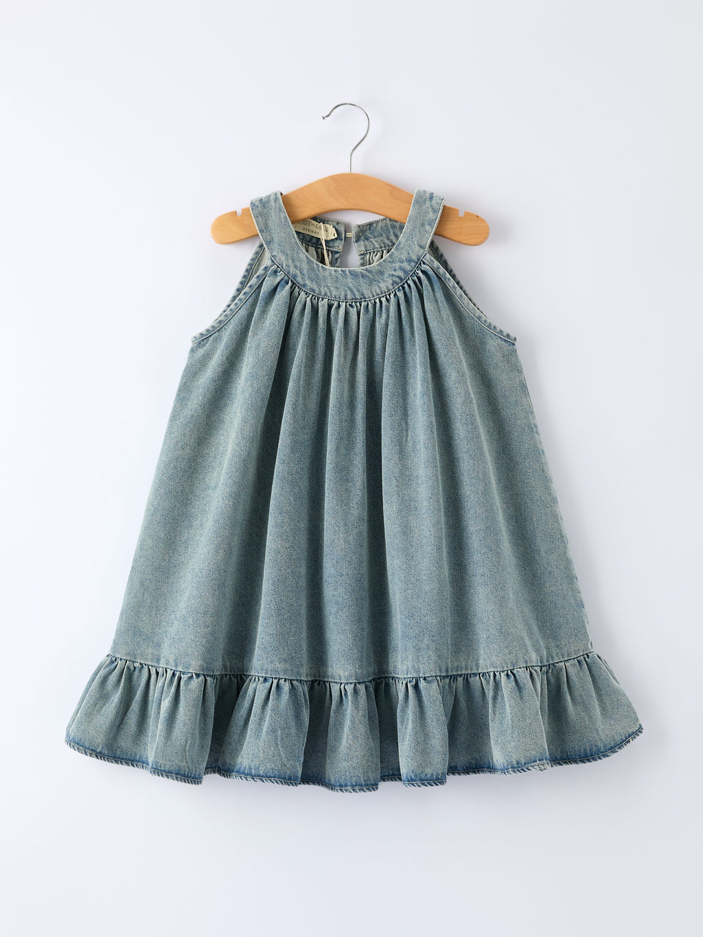 Tia - Girl's Denim Ruffle Trim A-Line Dress