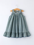 Tia - Girl's Denim Ruffle Trim A-Line Dress