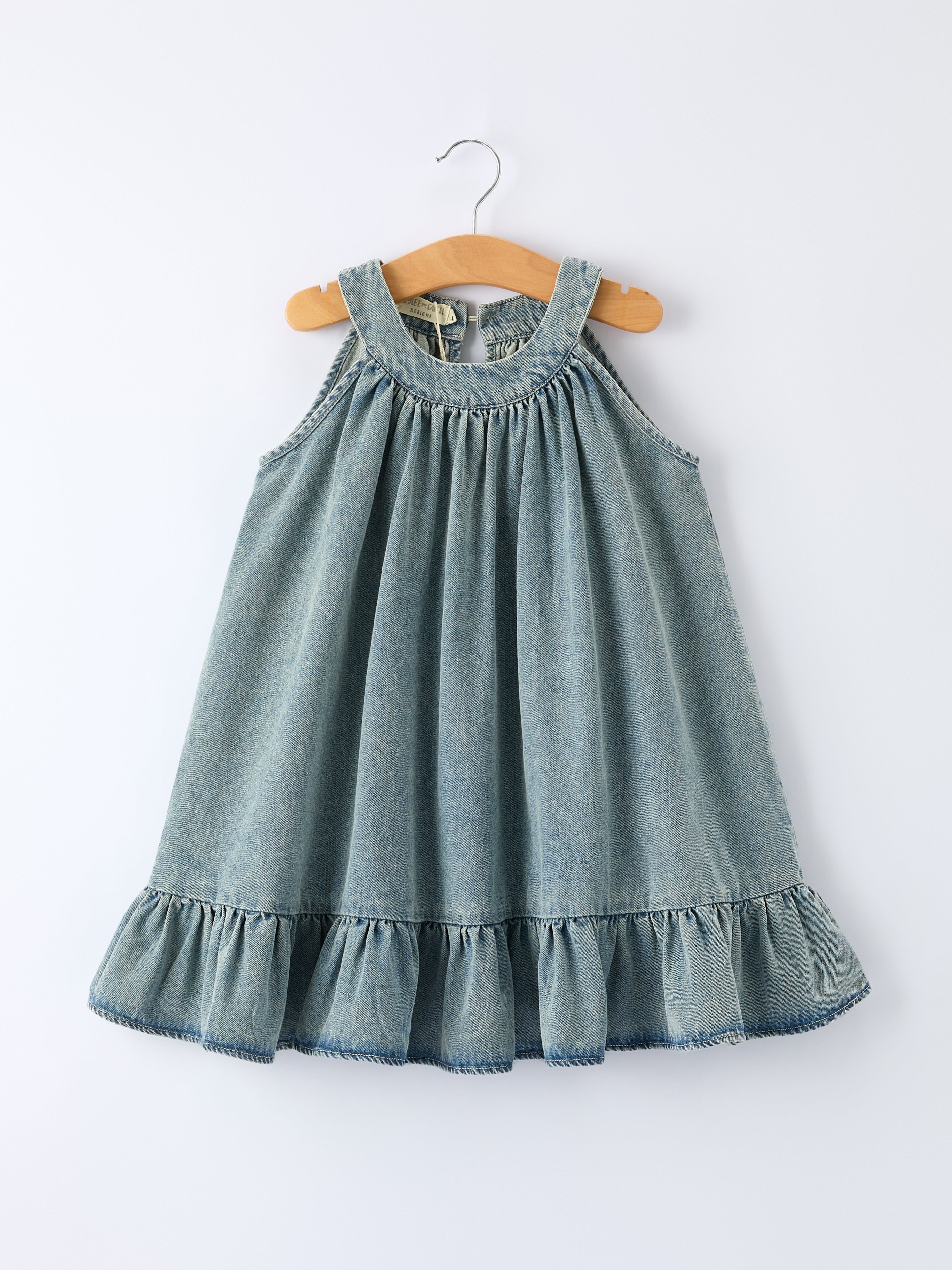 Tia - Girl's Denim Ruffle Trim A-Line Dress