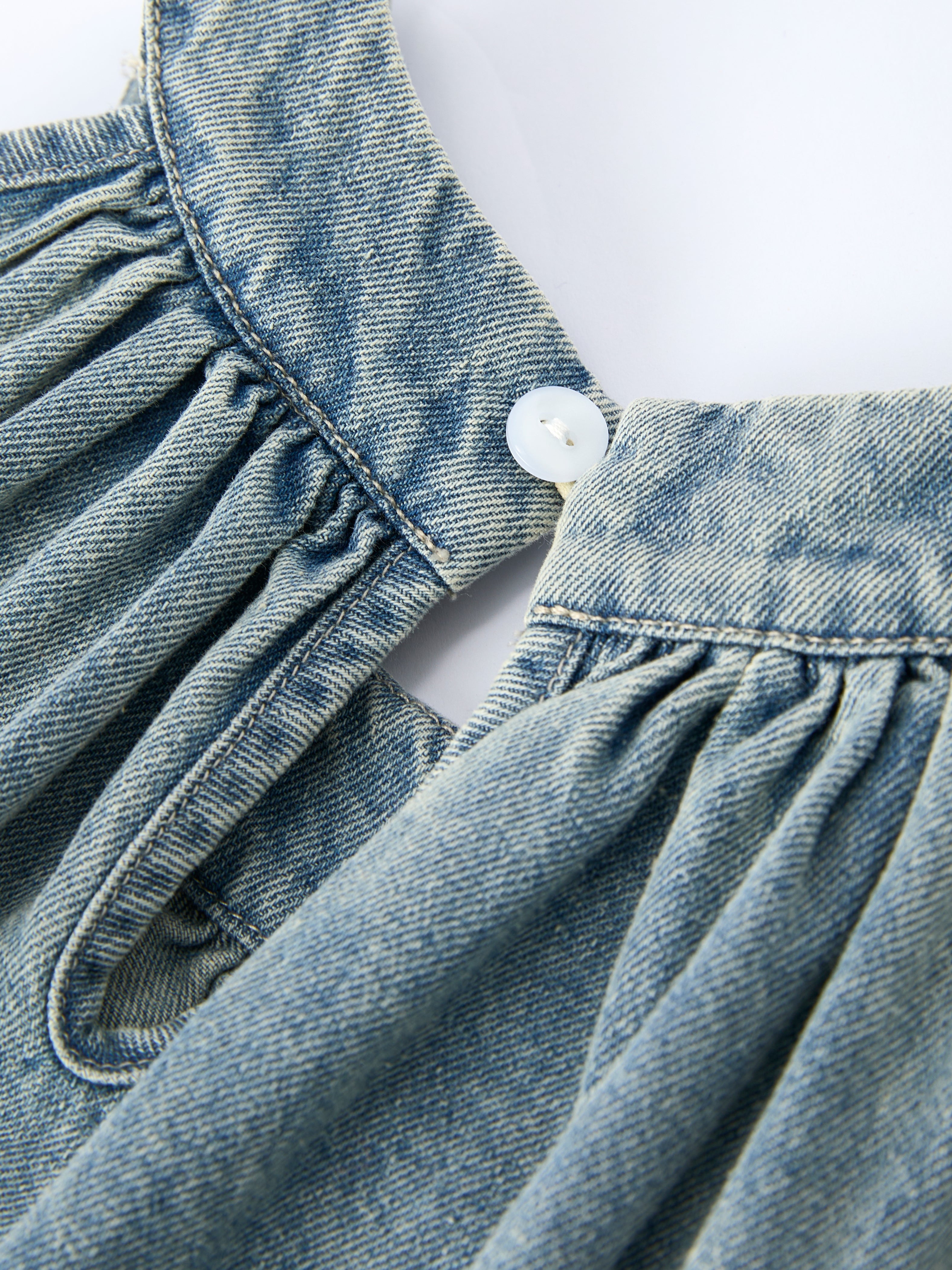 Tia - Girl's Denim Ruffle Trim A-Line Dress