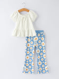 Mira - White Top & Daisy Print Flared Pants Girl's Outfit