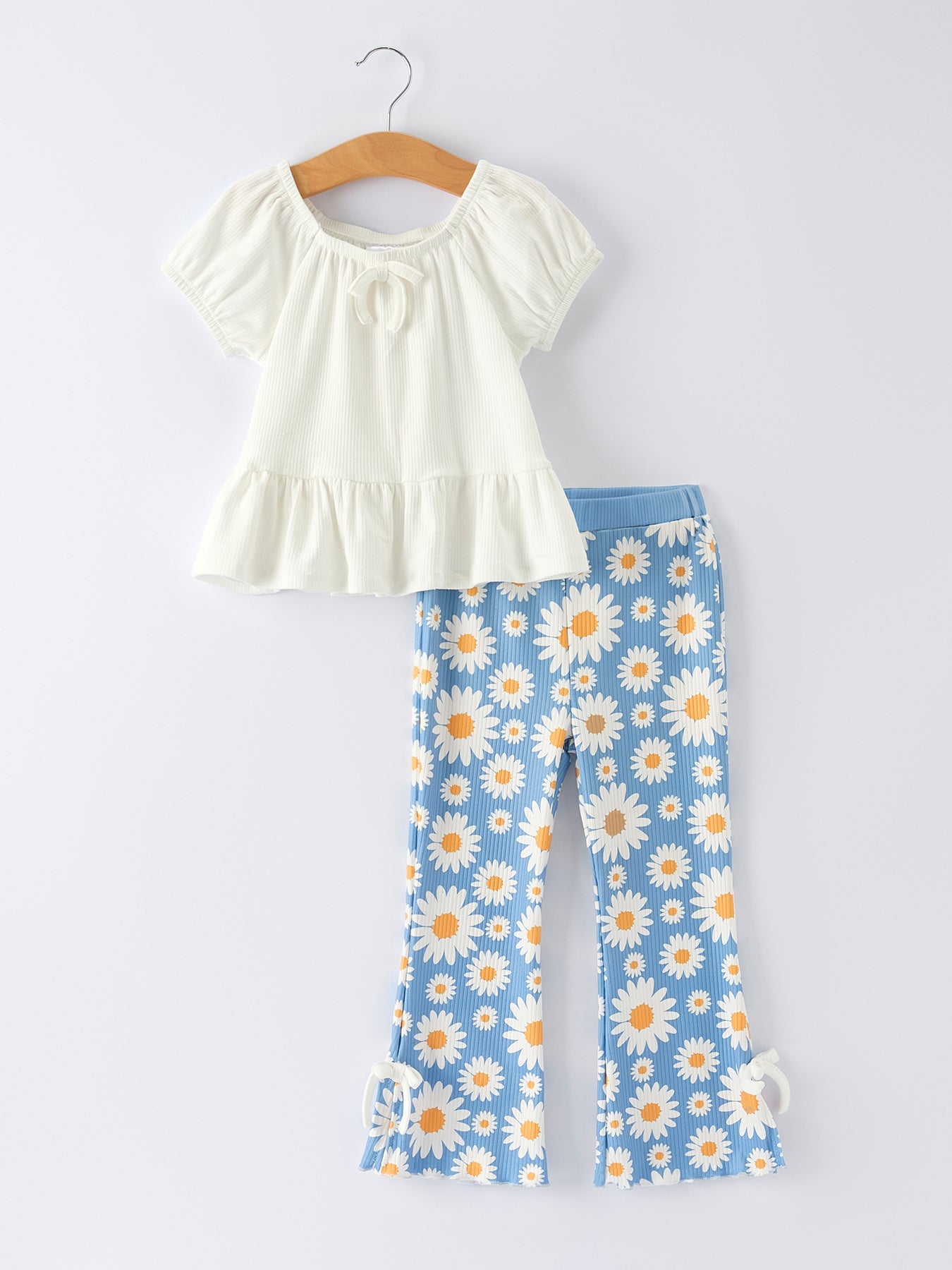 Mira - White Top & Daisy Print Flared Pants Girl's Outfit