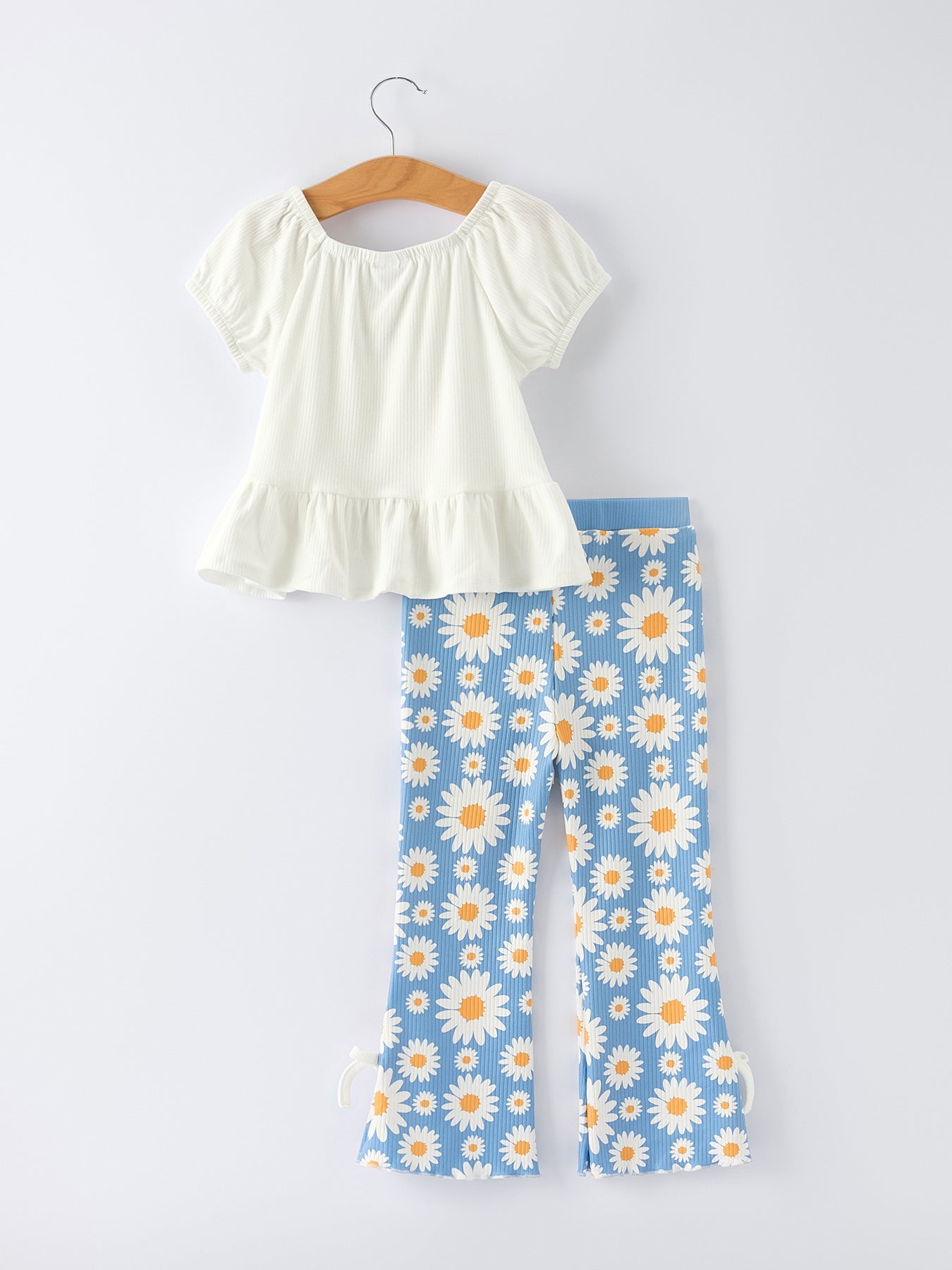 Mira - White Top & Daisy Print Flared Pants Girl's Outfit