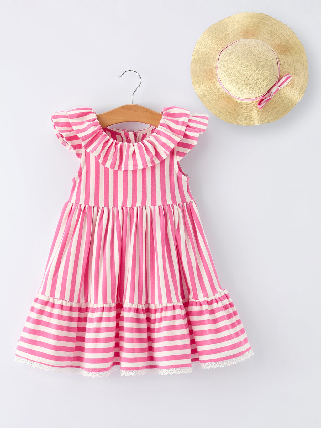 Madeline - Spring Pink Striped Girls' Dress with Hat