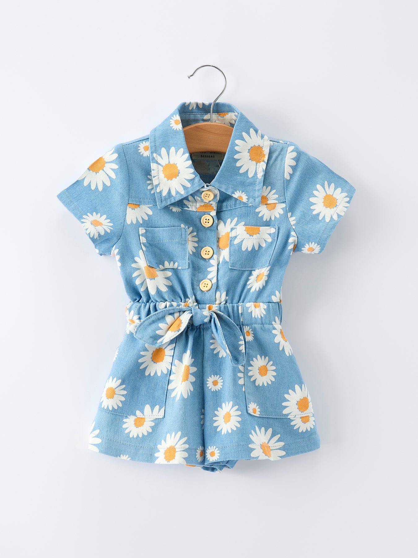 Adrienne - Spring Daisy Print Girls Blue Denim Jumpsuit