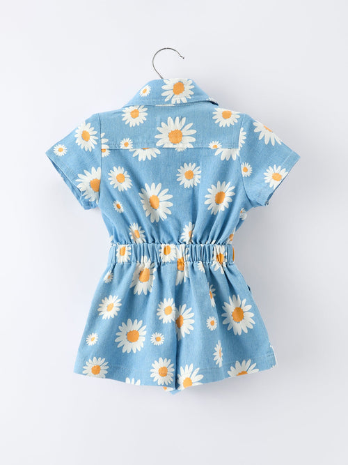Adrienne - Spring Daisy Print Girls Blue Denim Jumpsuit