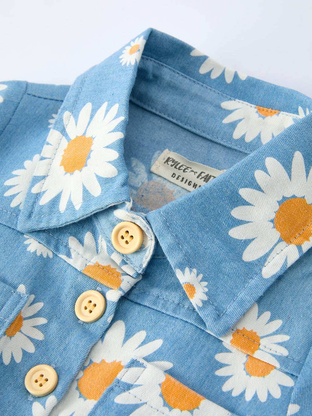 Adrienne - Spring Daisy Print Girls Blue Denim Jumpsuit