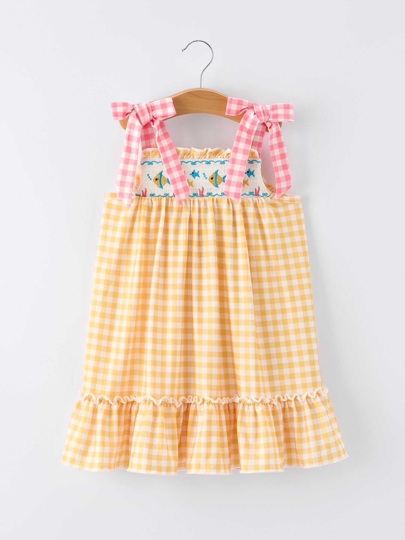 Carlyn - Fish Embroidery Plaid Girls' Dress
