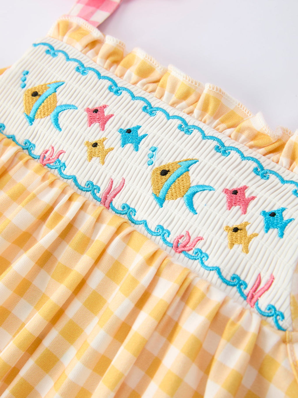Carlyn - Fish Embroidery Plaid Girls' Dress