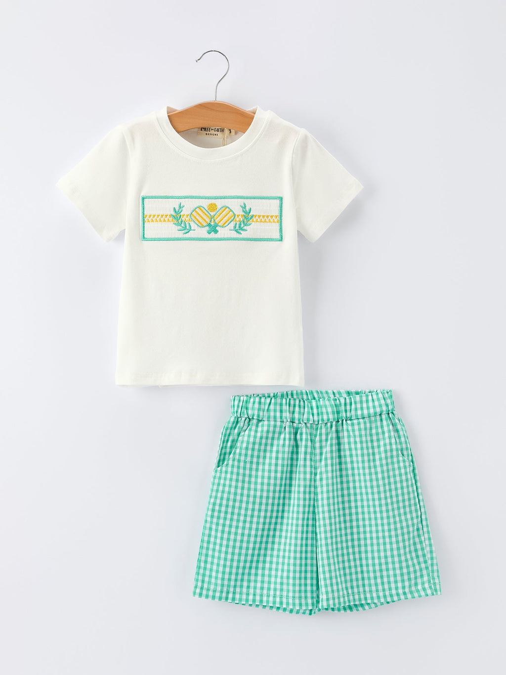 Asher Mini - Pickle Ball Spring Gingham Embroidered Green Toddler Boys Shorts Set