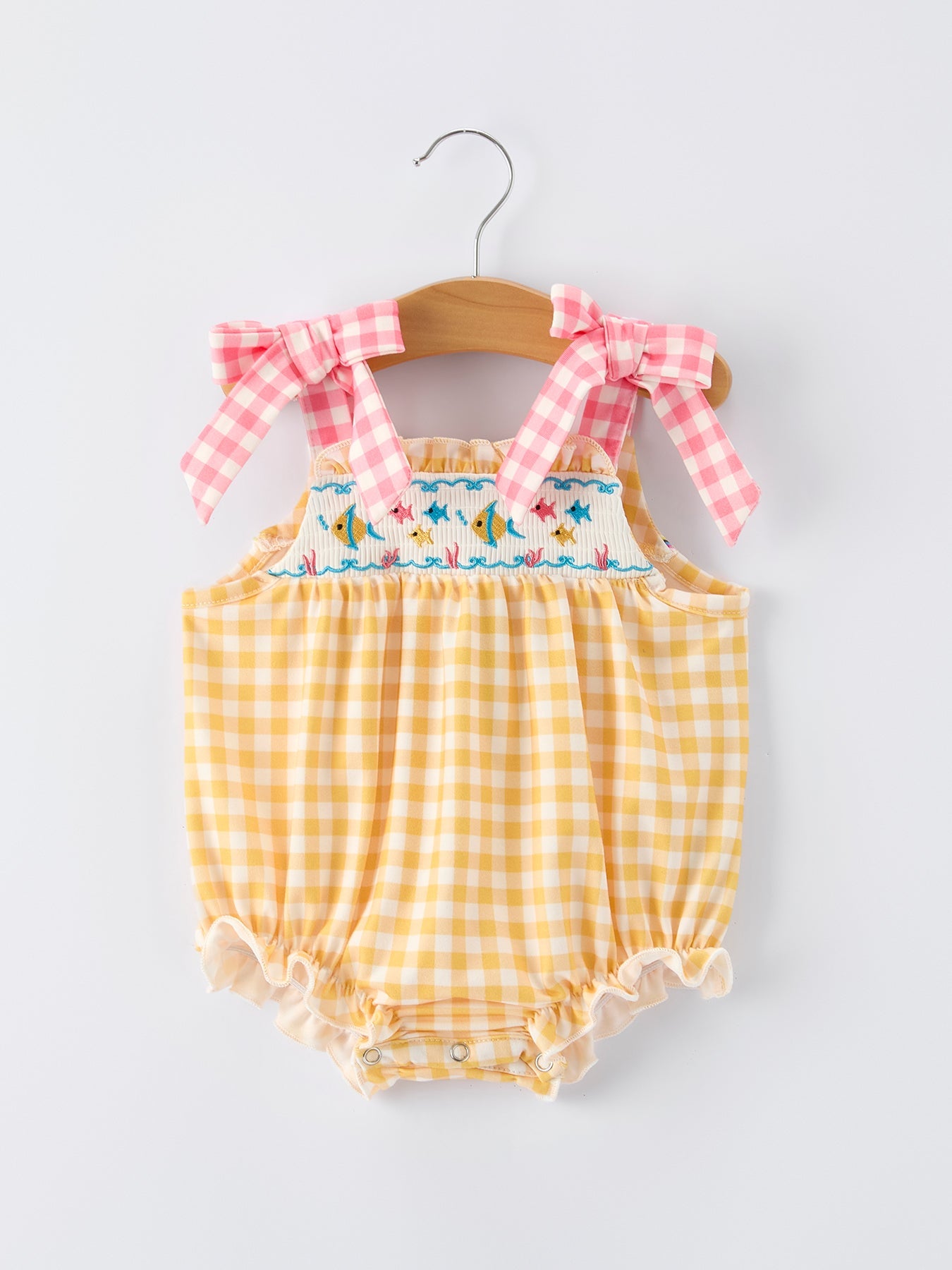 Carlyn Mini - Fish Embroidery Plaid Baby Girl Romper