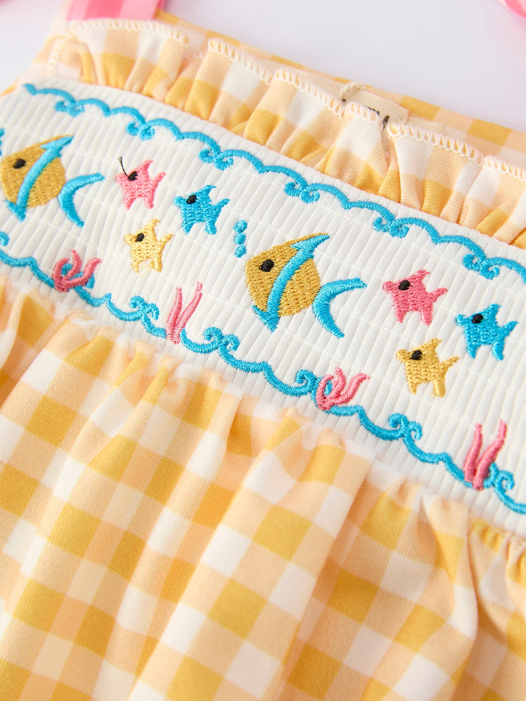 Carlyn Mini - Fish Embroidery Plaid Baby Girl Romper