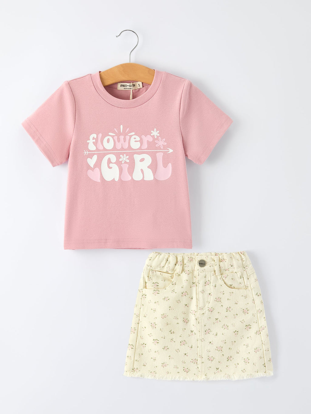“Flower Girl” Graphic Girl’s Short Sleeve Top & Floral Denim Skirt Set