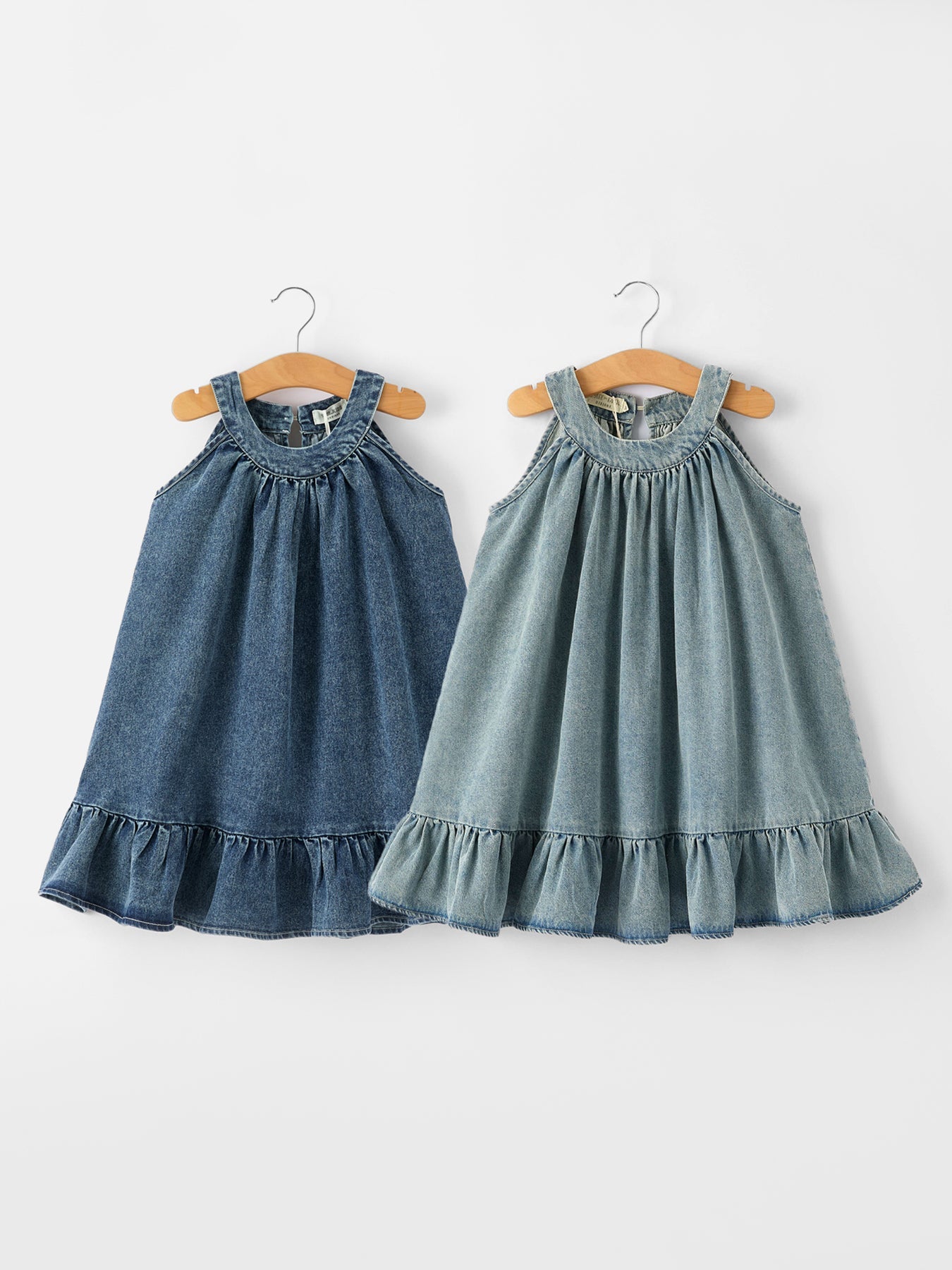 Tia - Girl's Denim Ruffle Trim A-Line Dress
