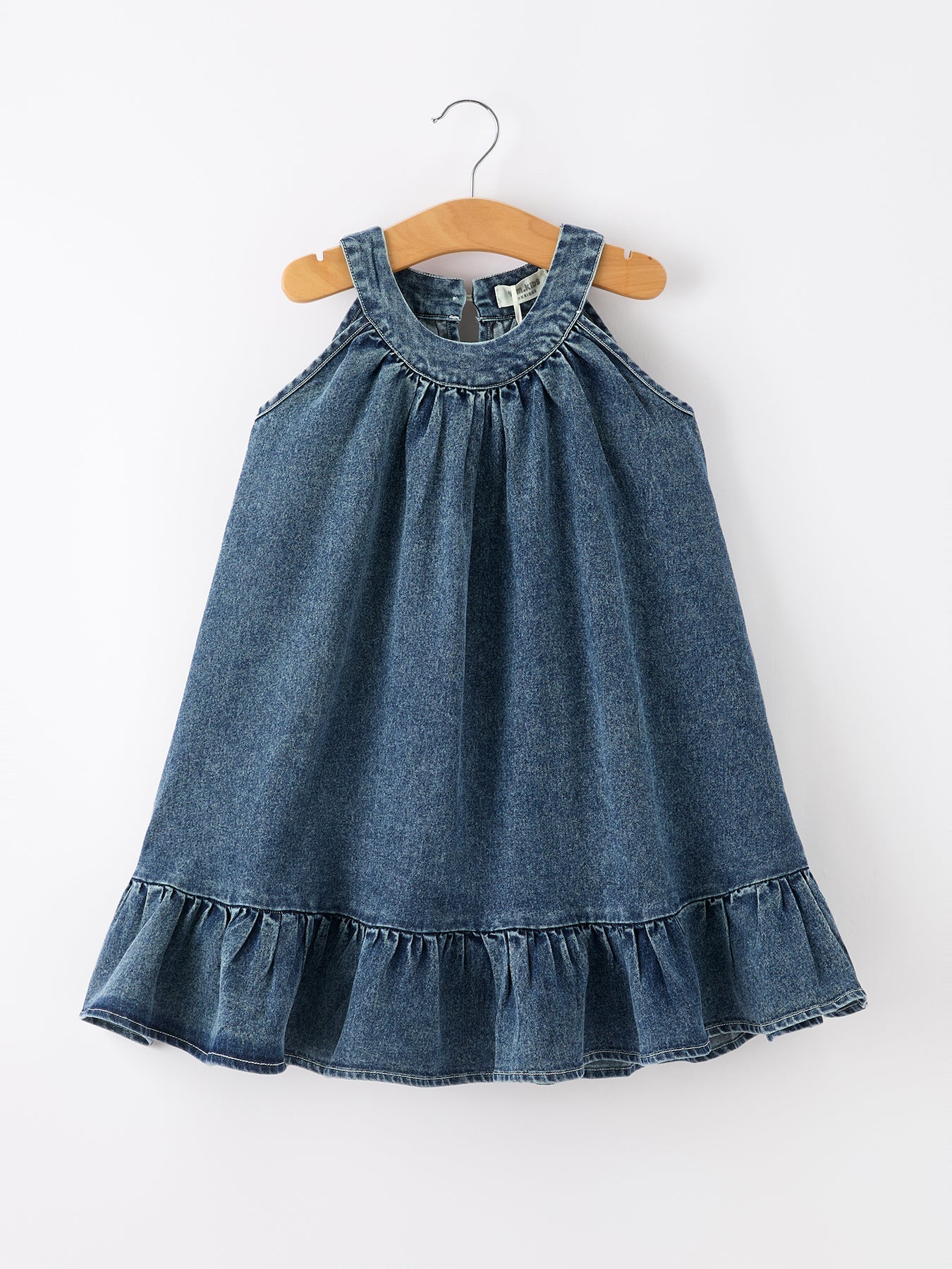 Tia - Girl's Denim Ruffle Trim A-Line Dress