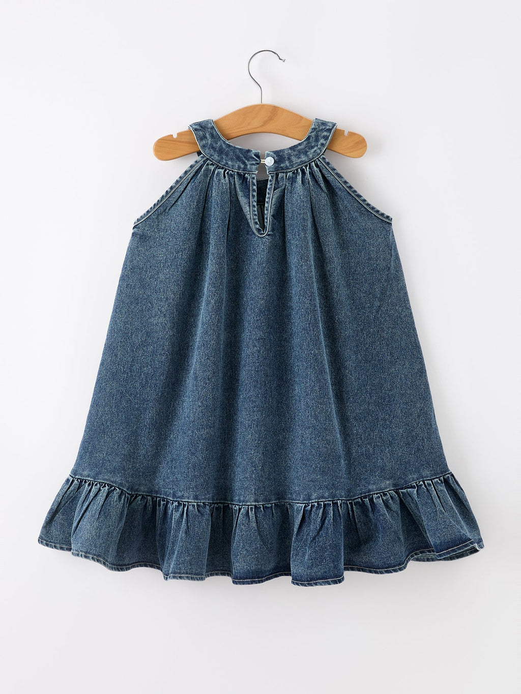 Tia - Girl's Denim Ruffle Trim A-Line Dress