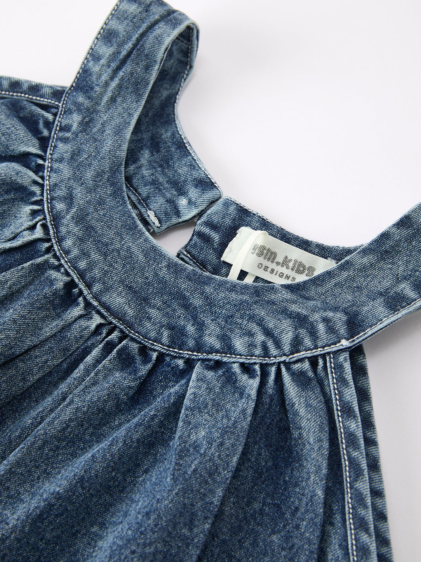 Tia - Girl's Denim Ruffle Trim A-Line Dress