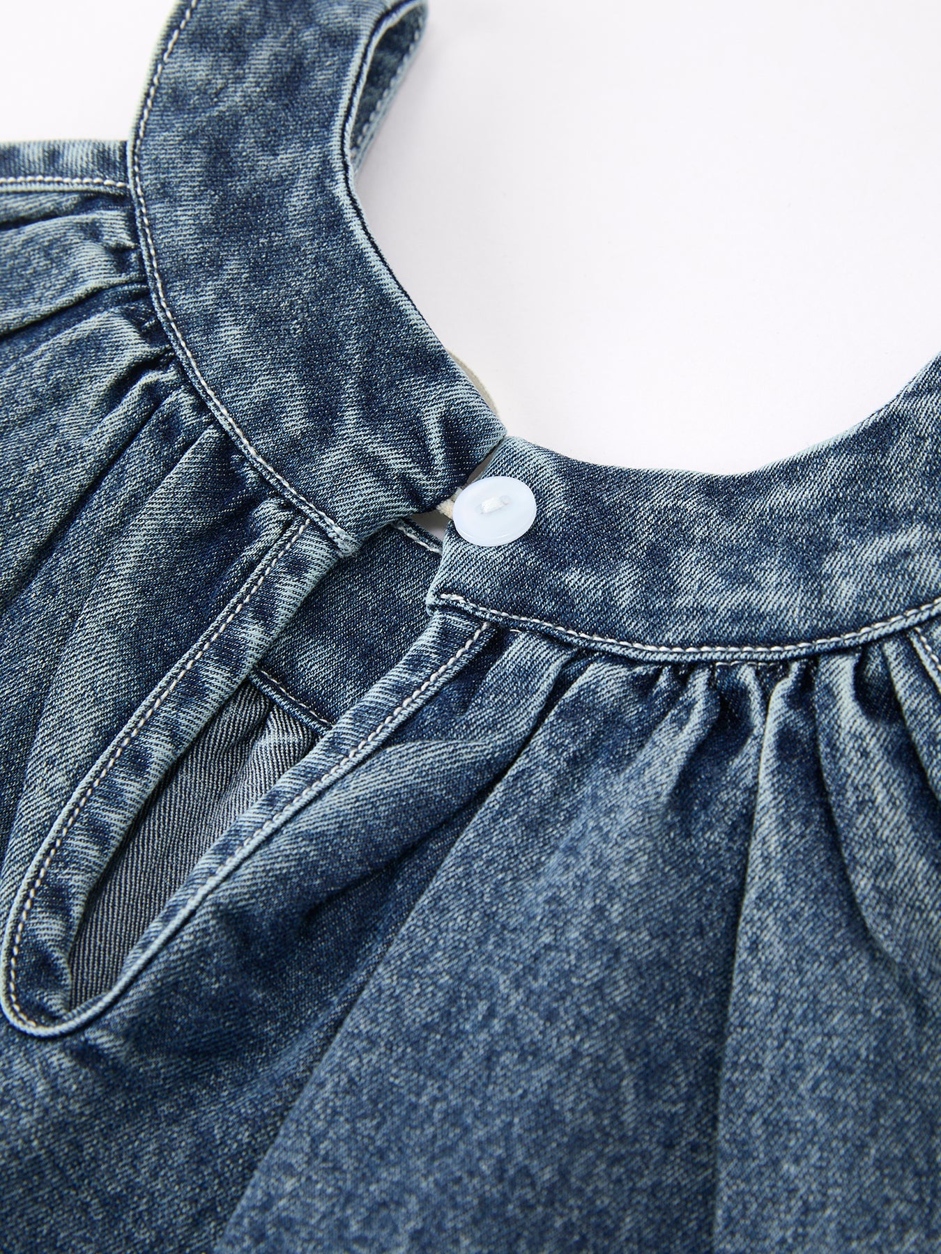 Tia - Girl's Denim Ruffle Trim A-Line Dress