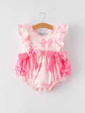 Brielle - Girl's Pink Bow Print Romper (Short-Sleeve)