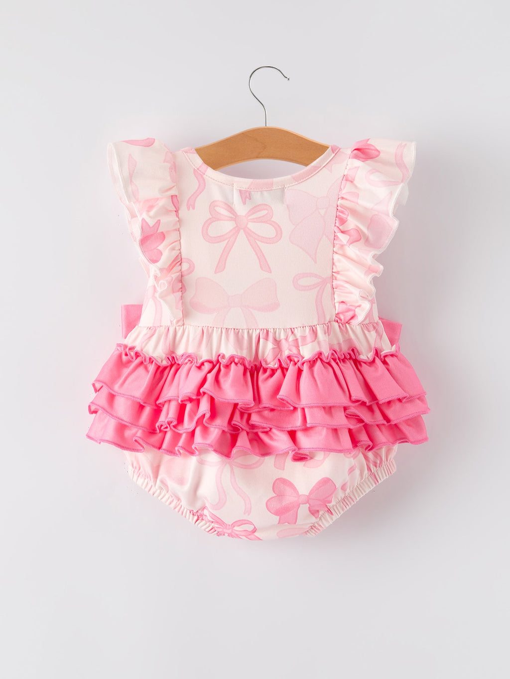 Brielle - Girl's Pink Bow Print Romper (Short-Sleeve)