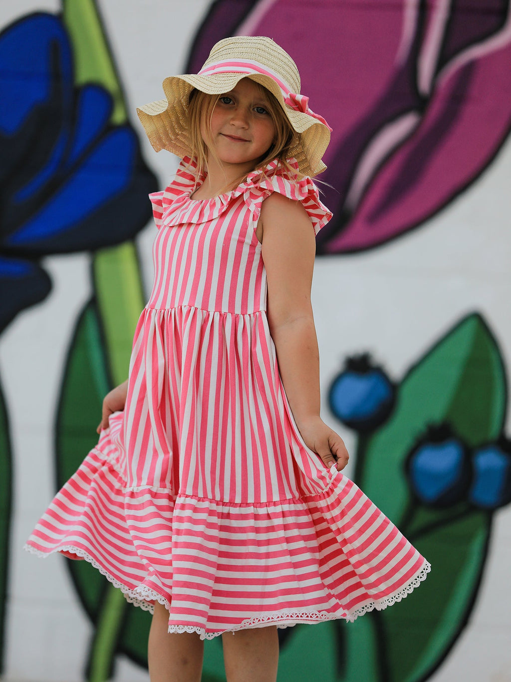 Madeline - Spring Pink Striped Girls' Dress with Hat