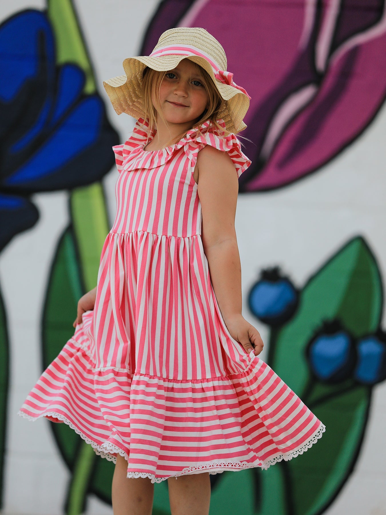 Madeline - Spring Pink Striped Girls' Dress with Hat