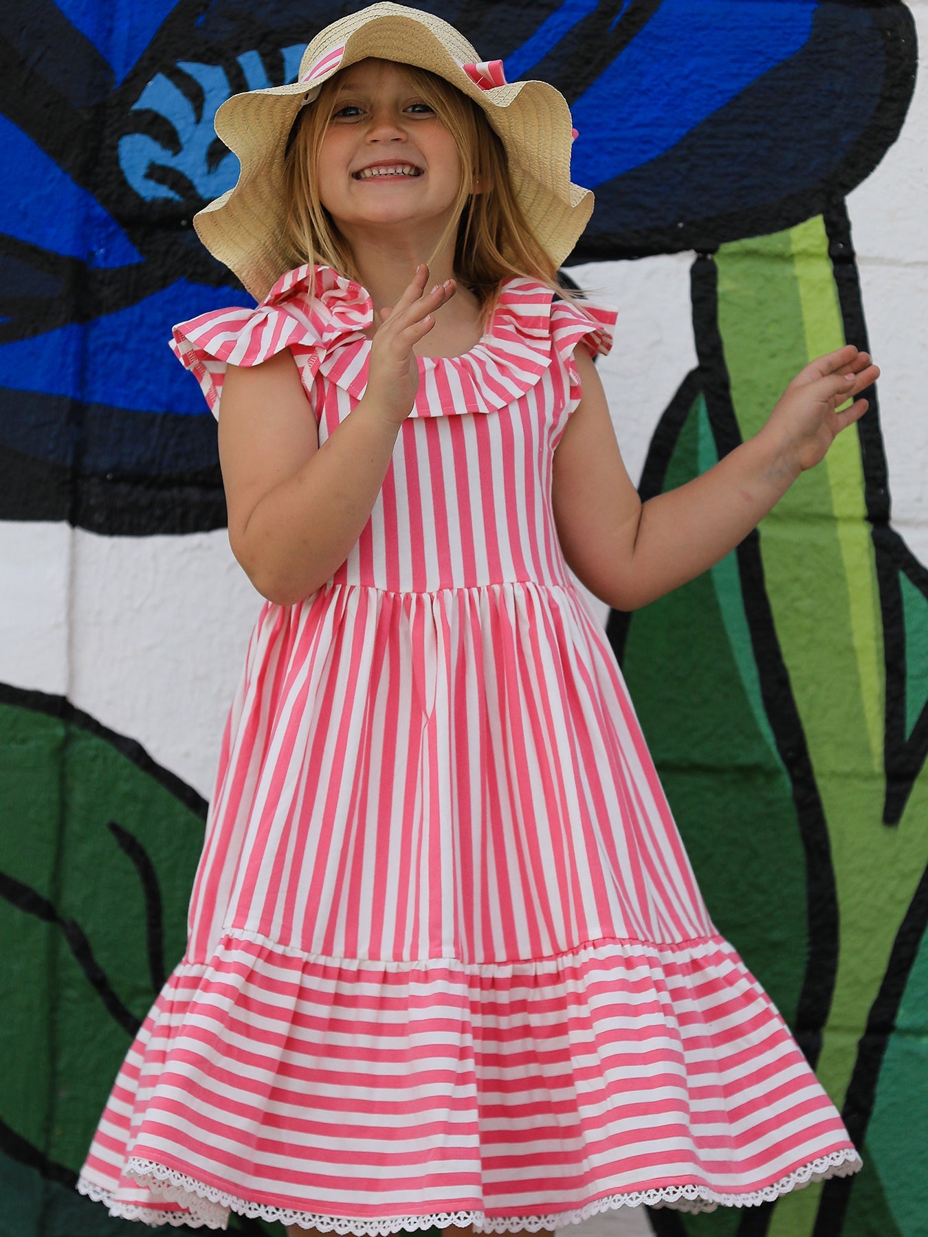 Madeline - Spring Pink Striped Girls' Dress with Hat