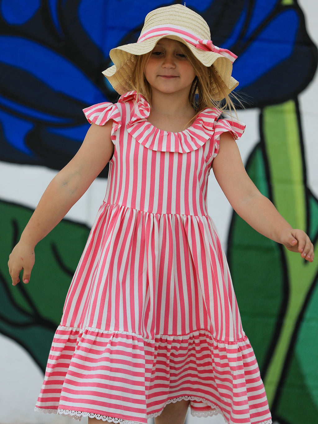 Madeline - Spring Pink Striped Girls' Dress with Hat