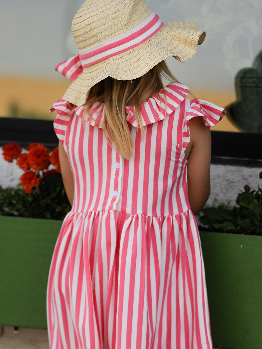 Madeline - Spring Pink Striped Girls' Dress with Hat