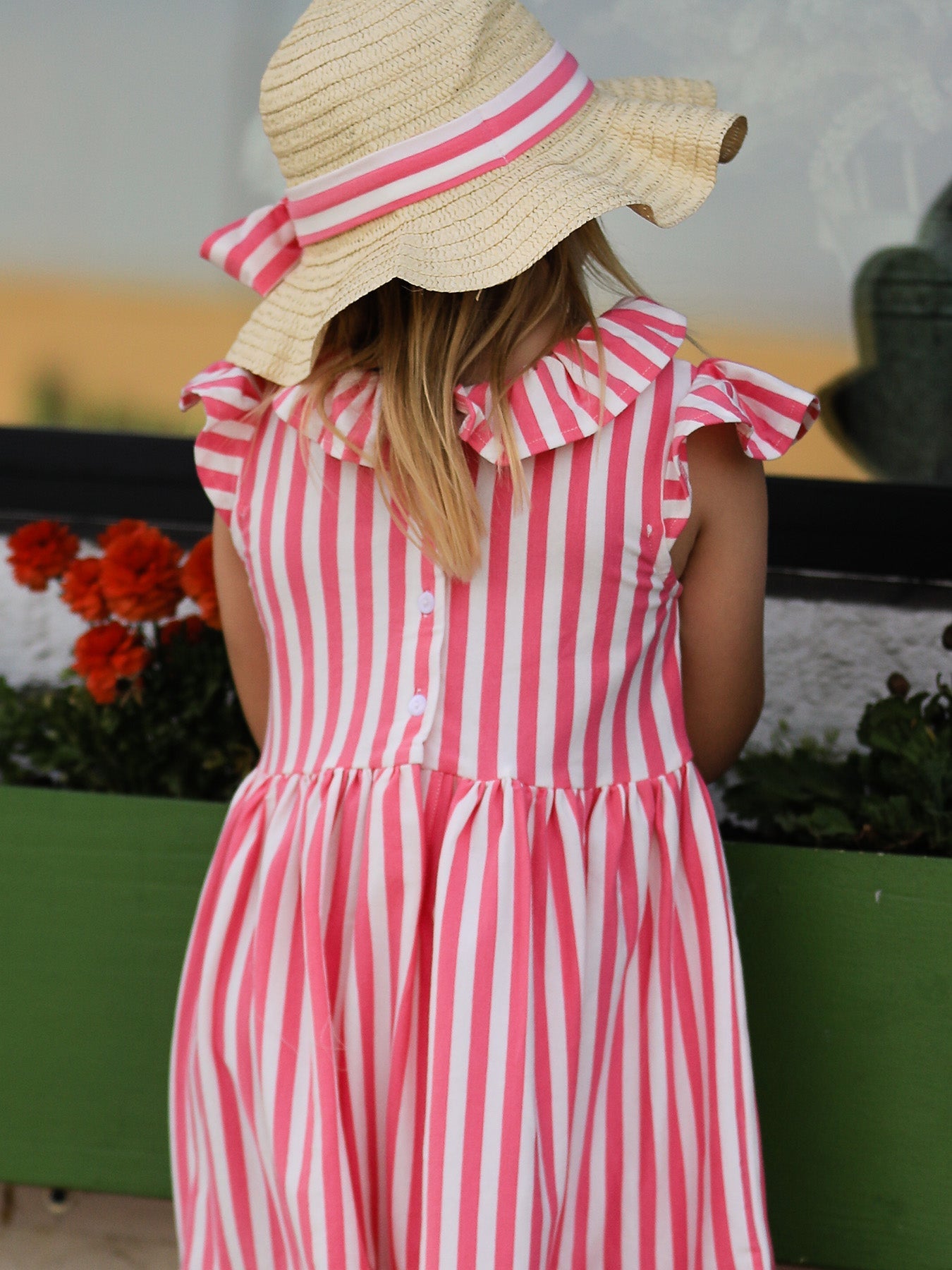 Madeline - Spring Pink Striped Girls' Dress with Hat