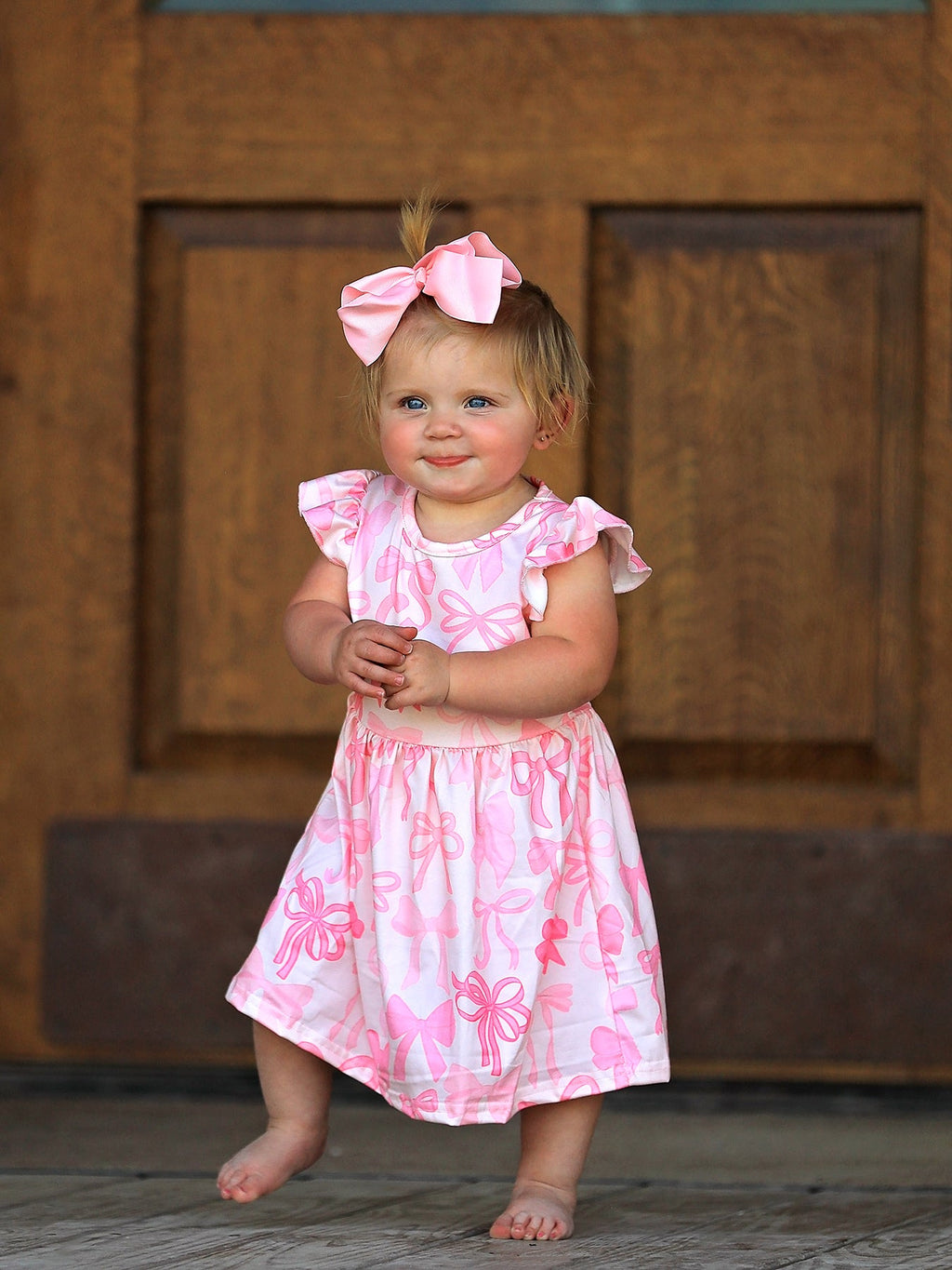 Isla - Pink Bow Print Flying Sleeve Dress