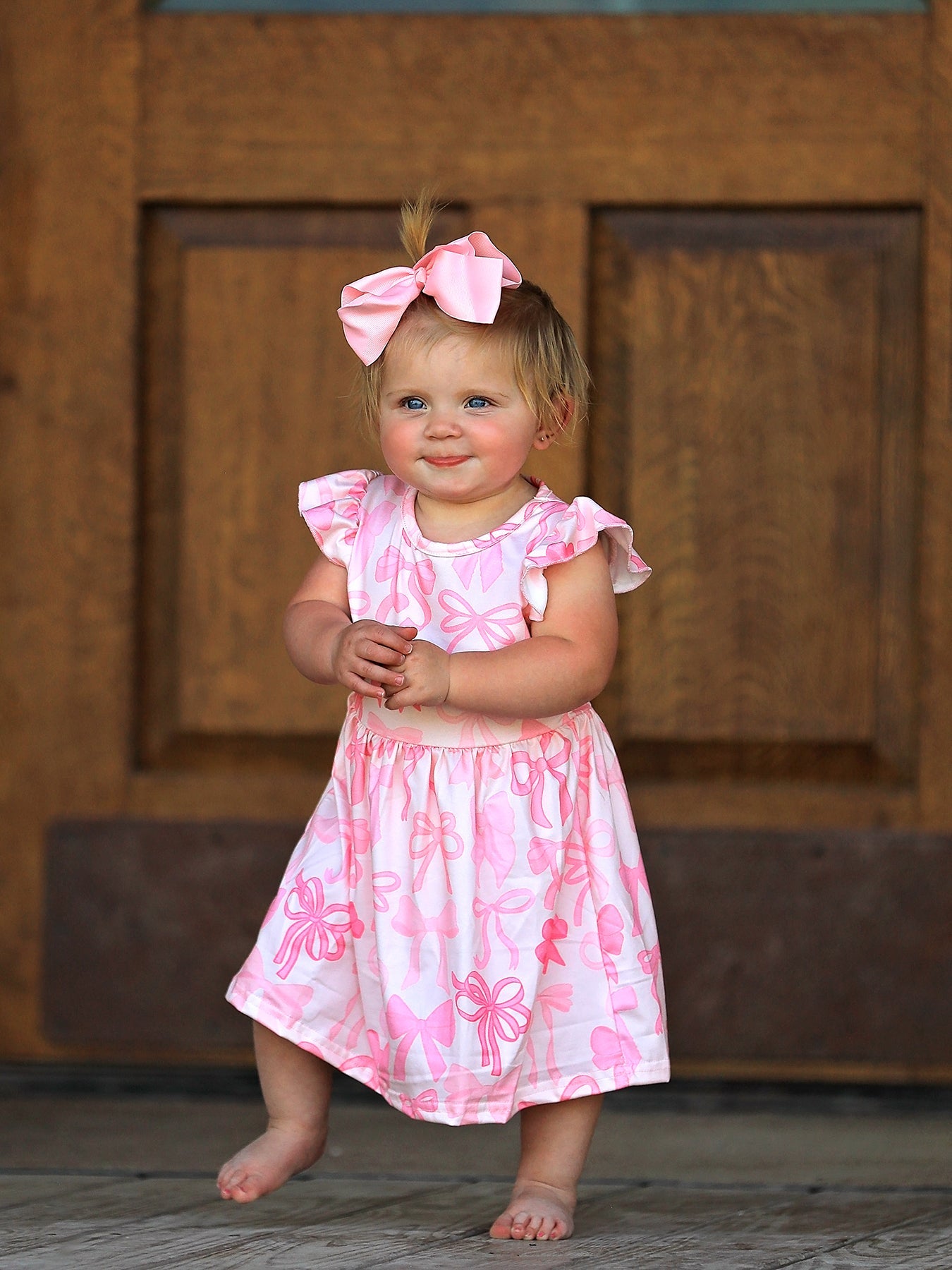 Isla - Pink Bow Print Flying Sleeve Dress