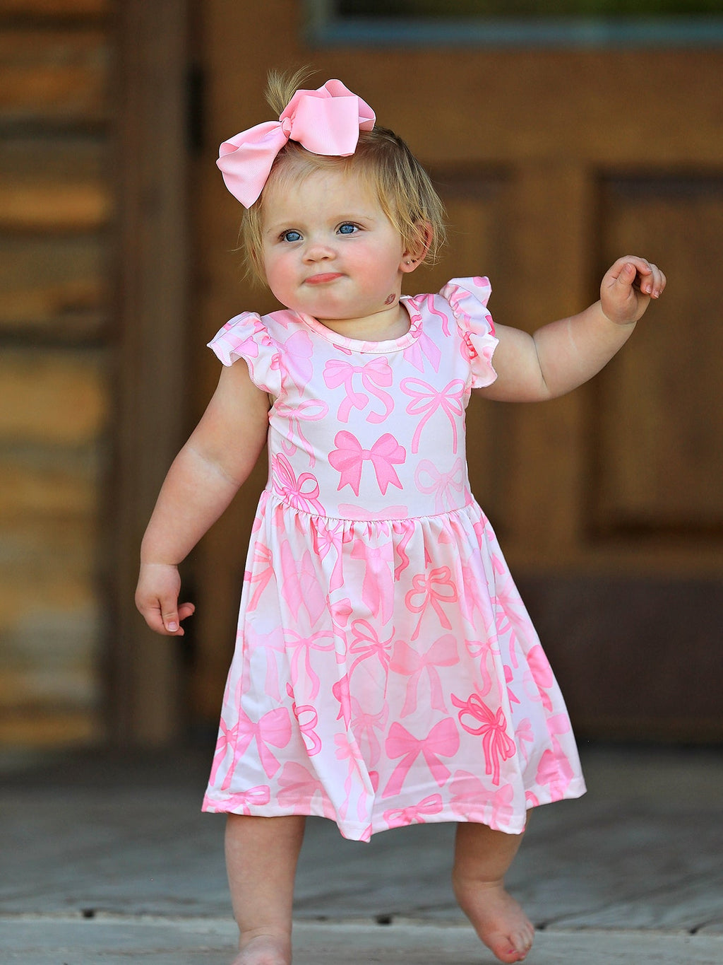 Isla - Pink Bow Print Flying Sleeve Dress