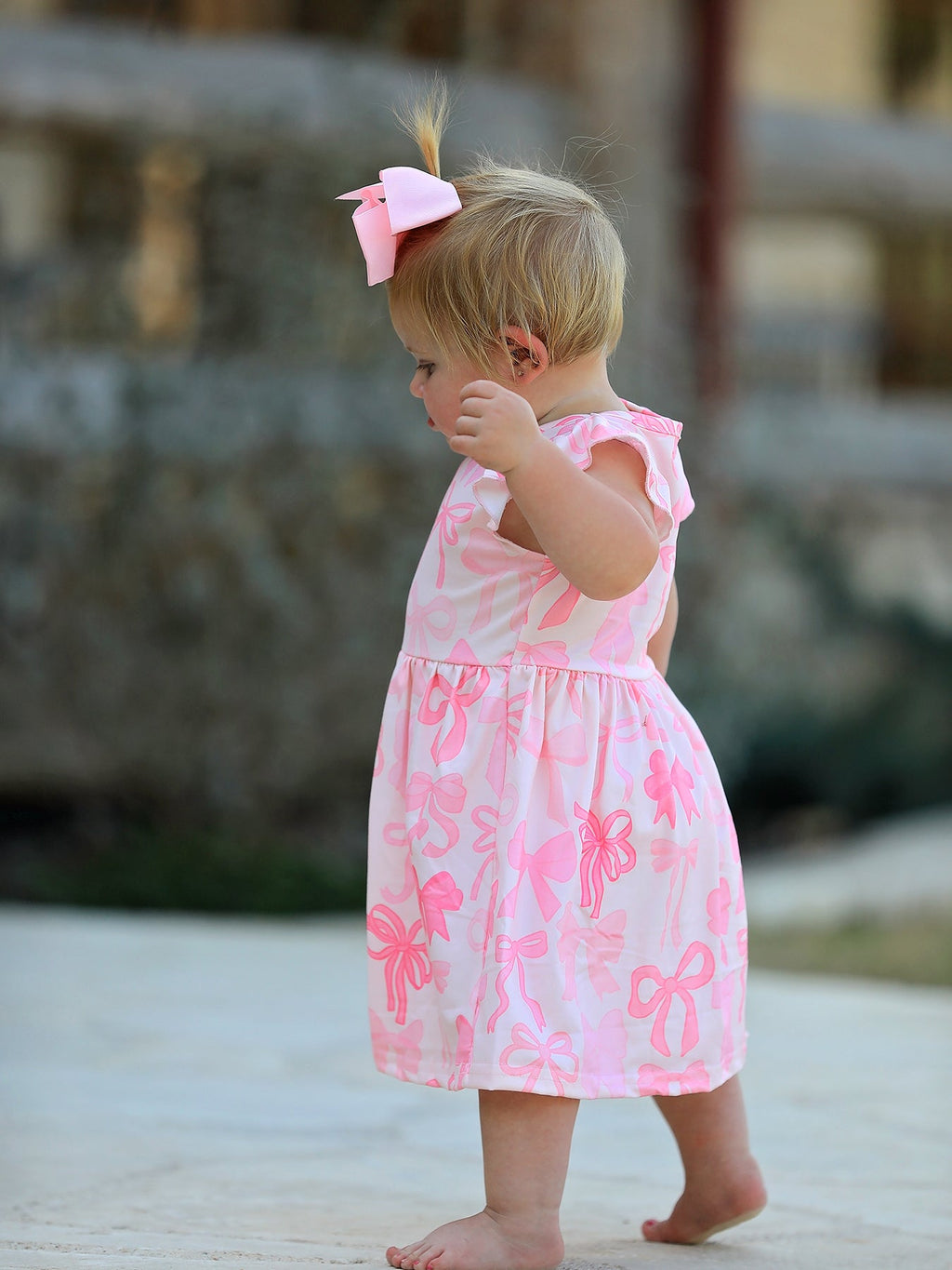 Isla - Pink Bow Print Flying Sleeve Dress