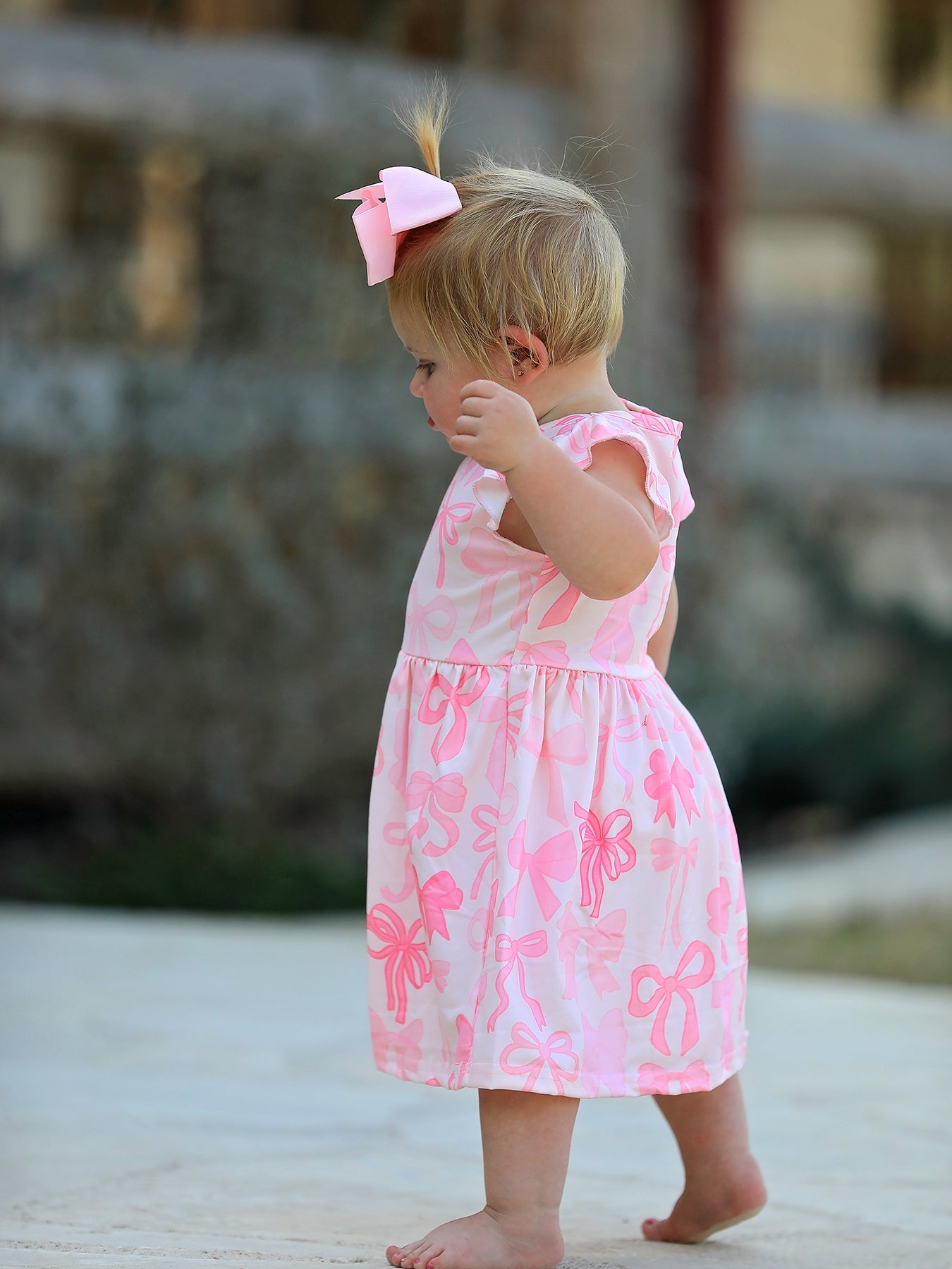 Isla - Pink Bow Print Flying Sleeve Dress