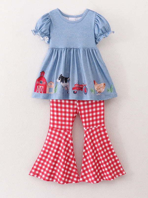 Kira - Farm Animals Bell Bottoms Outfit (Blue & Red)